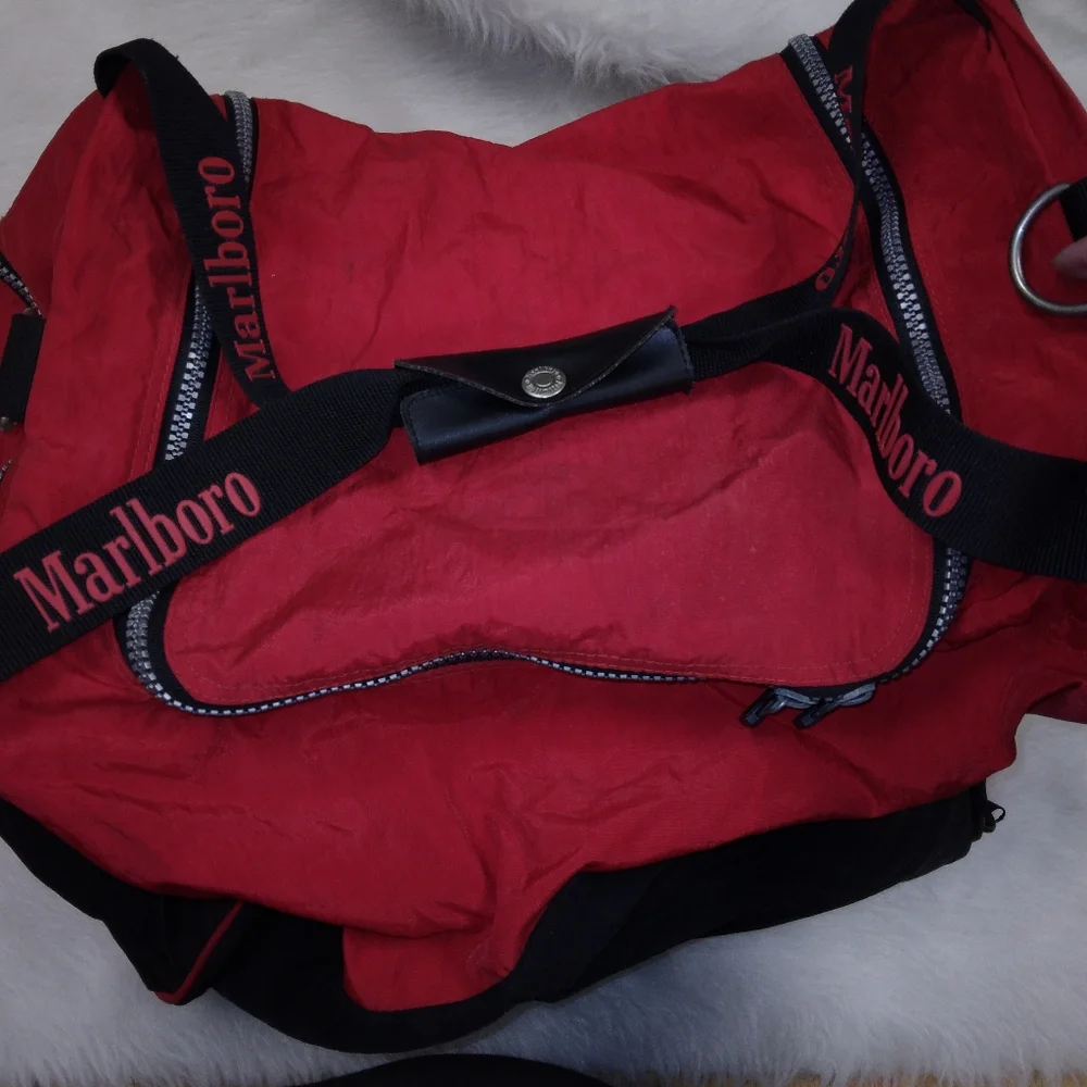 Vintage 90s Marlboro Unlimited Large Duffle Bag Logo Black Red DAMAGED